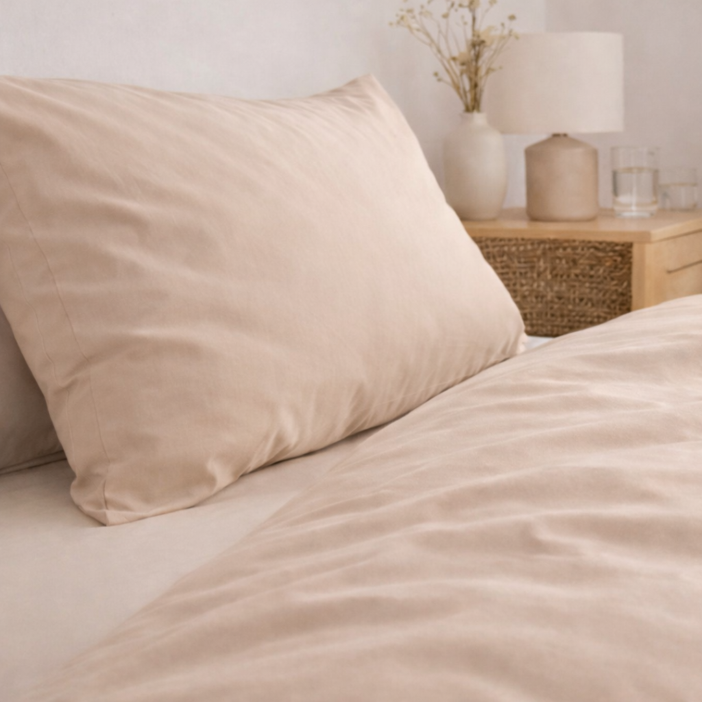 Housse de couette et 2 Taies d'oreiller (60x70) - 100% Coton - Beige