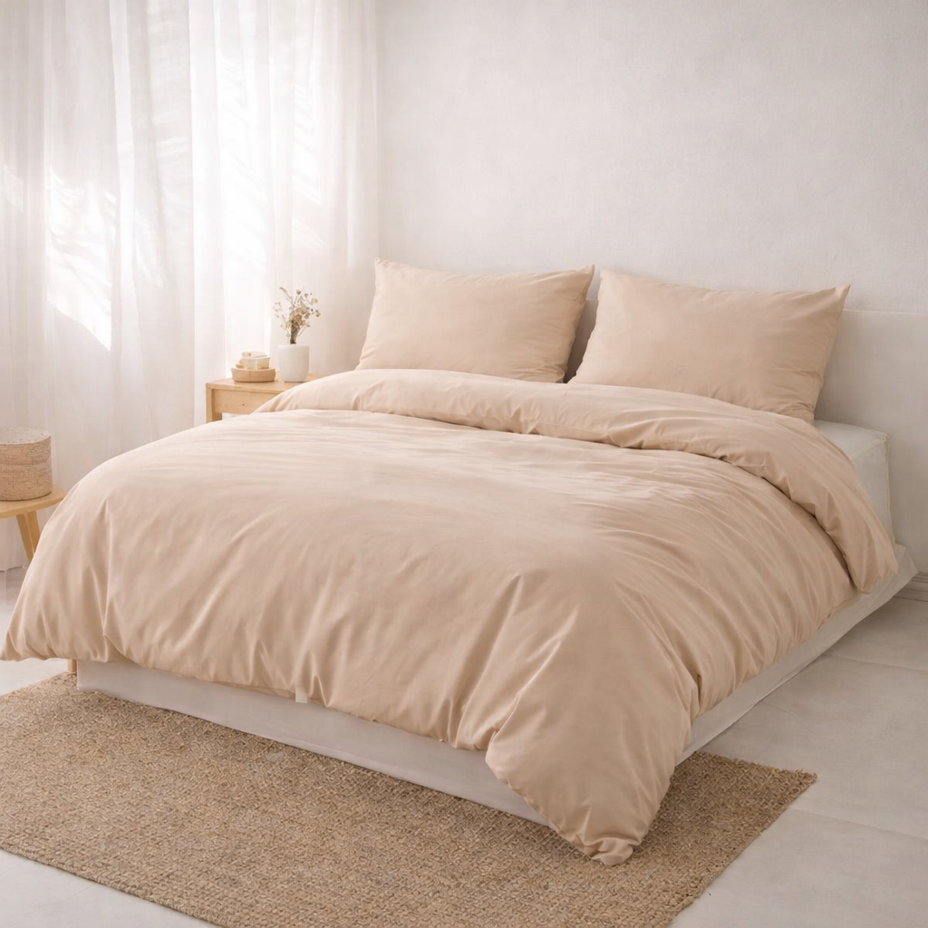 Housse de couette et 2 Taies d'oreiller (60x70) - 100% Coton - Beige