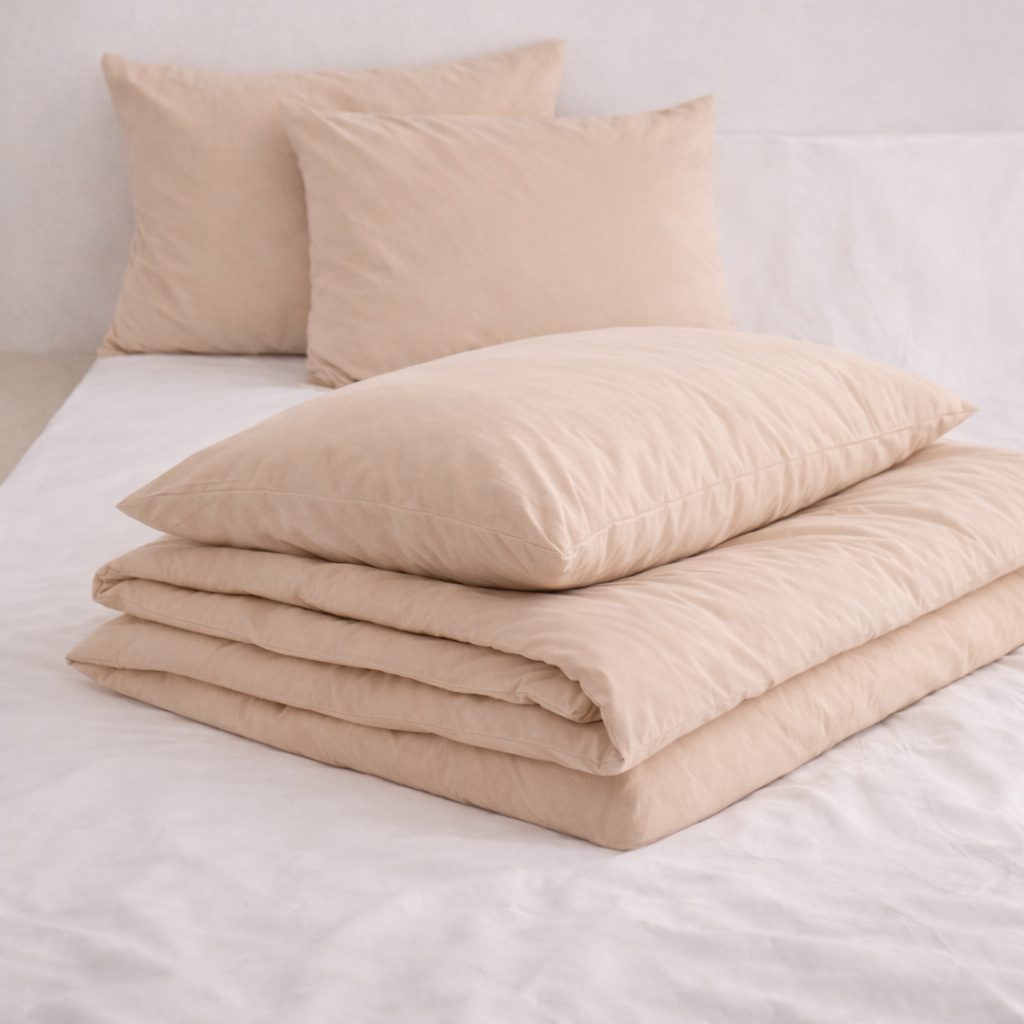 Housse de couette et 2 Taies d'oreiller (60x70) - 100% Coton - Beige